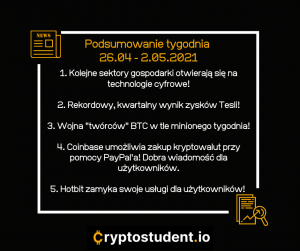 Podsumowanie tygodnia 26 kwietnia do 2 maj 2021 - najważniejsze wiadomości ze strony Cryptostudent.io | Cryptostudent.io - kryptowaluty, blockchain, szkolenie, kurs Bitcoina platforma e-learningowa 26 2 cs