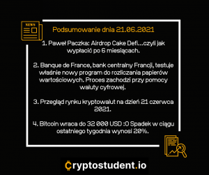 Analizy i newsy ze strony Cryptostudent.io - podsumowanie na dzień 21.06.2021 | Cryptostudent.io - kryptowaluty, blockchain, szkolenie, kurs Bitcoina platforma e-learningowa 21.06 cs